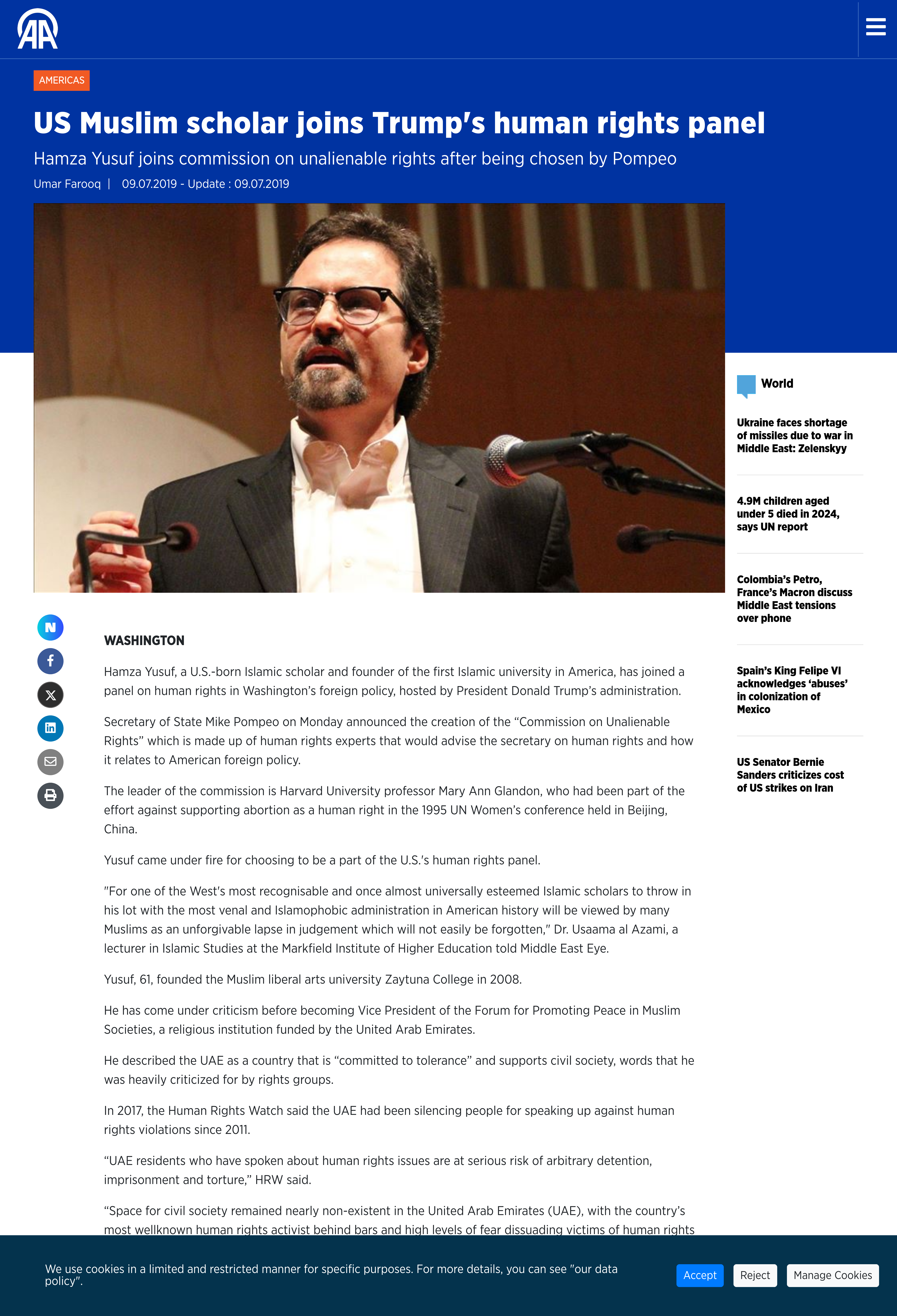 AA - US Muslim scholar joins Trump's human rights panel